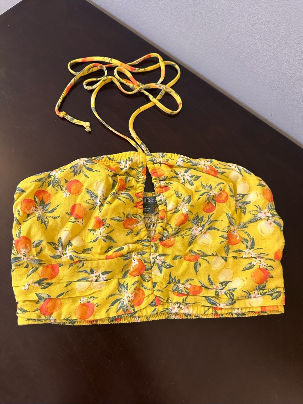 Source Unknown Yellow Citrus Print Halter Crop Top
